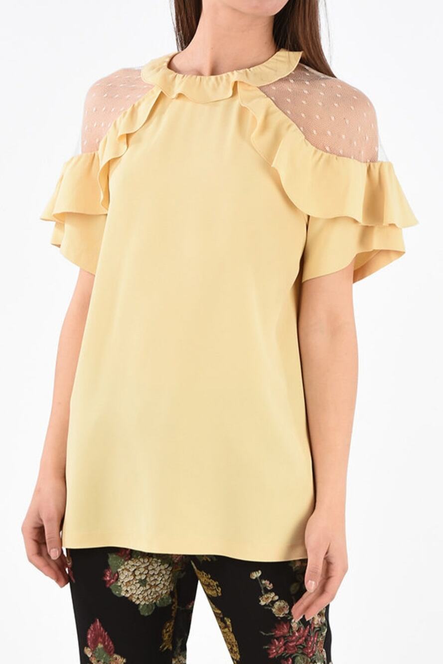 Red Valentino yellow mesh shoulder ruffled top size 42IT /8 Feminine Coquette